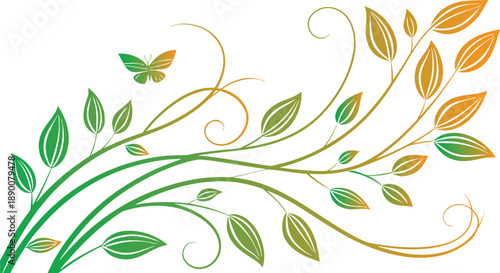 Elegant green and orange floral vine with delicate butterfly design, a graceful and vibrant illustration symbolizing nature's beauty and gentle transformation, perfect for decorative purposes