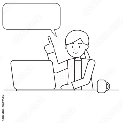 吹き出し付きで指差しする女性の線画イラスト　説明用人物素材