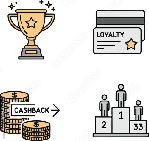 Customer Loyalty Program and Rewards Vector Icon Set: Cashback, Trophy, Membership Card, and Leaderboard