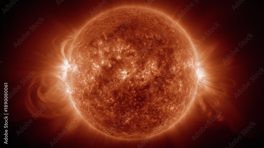 Naklejka premium Solar limb with prominences. Close-up of the Sun showing bright corona glow, looping plasma arcs and flare activity above the surface; astronomy and space science concept