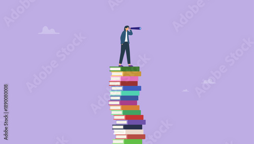Confidence businesswoman leader on high books stack look through telescope. Book or education to help career advancement, knowledge or wisdom for business visionary, leadership or opportunity.