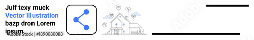 Smart home systems, IoT devices, digital connectivity, home automation, technology integration, security. A house with smart symbols connecting it. Smart home systems and IoT devices concept