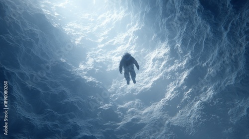An astronaut floating in an ice cave. A man in a spacesuit hovering over frozen blue textured walls, illuminated from above; a science fiction exploration concept