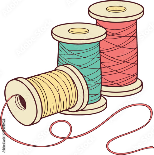 A red cotton thread spool with a needle and black yarn isolated on a white background serves as a primary material tool for a tailor's sewing craft and textile needlework