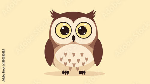 Cute cartoon owl character with large yellow eyes and brown feathers stands against a solid warm beige background.