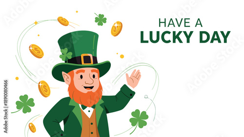 Cheerful leprechaun character in a green suit and hat waving surrounded by gold coins and lucky four-leaf clovers for Saint Patricks Day.
