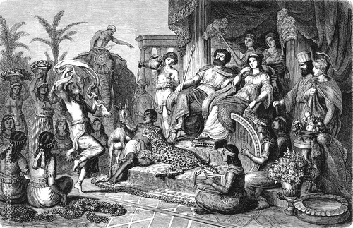 Tableau sur toile A lavish Hellenistic royal court with dancers, exotic animals, musicians and att