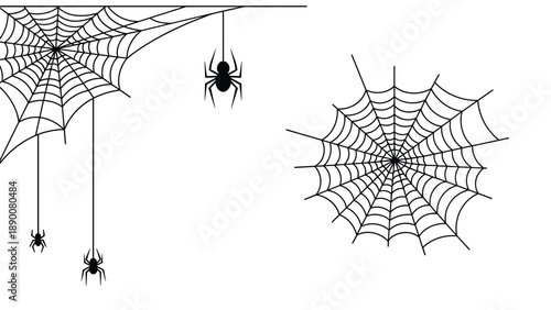 Spooky halloween illustration featuring black spiders hanging from intricate spider webs in a corner and a full web on the side.