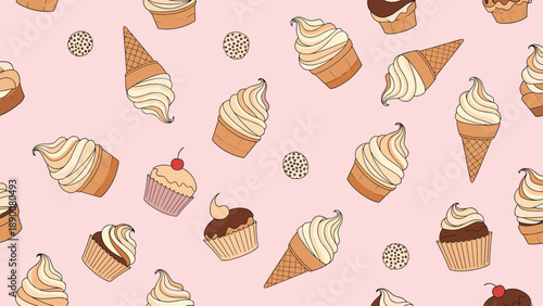 Sweet treat pattern featuring various hand-drawn cupcakes, muffins, and ice cream cones scattered across a soft pink background.