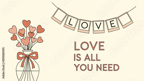 Romantic greeting card design with a heart bouquet in a vase and a photo garland spelling the word love on a soft beige background.