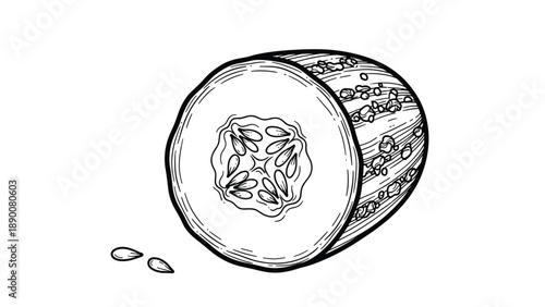 Detailed black and white line drawing of a melon slice showing the textured skin and central seeds within the fruit.