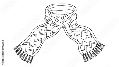 Hand-drawn black and white sketch of a cozy winter scarf with a zigzag pattern and fringed edges on a white background.