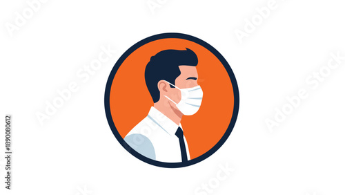 Head and shoulders profile portrait of a man wearing a white medical face mask for protection within an orange circular frame.