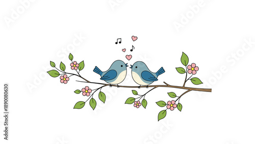 Cute illustration of two little blue birds sitting on a flowering cherry blossom branch and singing songs together.
