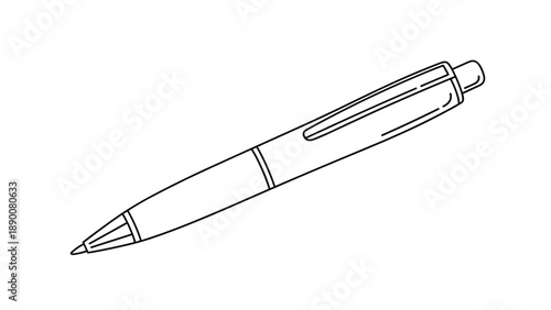 Simple black and white line art drawing of a modern retractable ballpoint pen shown from a side perspective on a plain background.