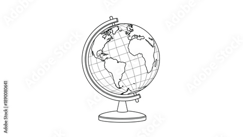 Minimalist black and white line drawing of a world globe on a stand showing the continents of Africa and the Americas.