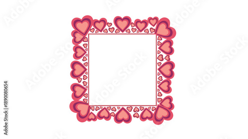 Decorative square frame made of numerous pink and red nested hearts for use in romantic cards and invitations on a white background.