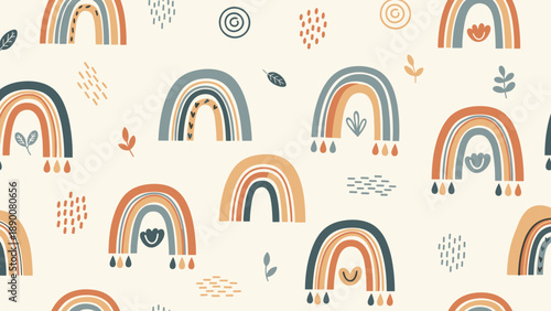 Seamless pattern with boho style rainbows, clouds, leaves, and abstract shapes in warm earthy tones on a cream background.
