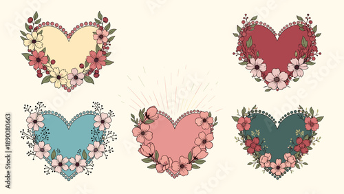 Set of five romantic heart shapes decorated with various colorful wild flowers and botanical elements on a cream background.