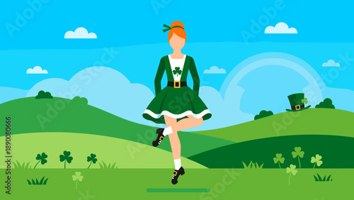 illustration of a woman performing Irish dance in traditional attire on St. Patrick’s Day
