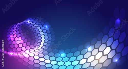 Abstract futuristic background with flowing hexagonal grid and glowing gradients, representing digital technology, data movement, innovation, and advanced network structures.
