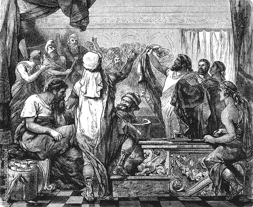 Konstfotografi Quintus Fabius Maximus formally declaring war against Carthaginian representatives, showing Roman diplomatic protocol and Second Punic War initiation ceremonies, old vintage illustration, 1880