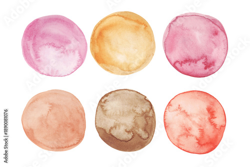 Watercolor Circles Set. Hand painted circle blobs isolated on white background. Watercolour round stains collection. Orange, yellow, pink and brown colors.