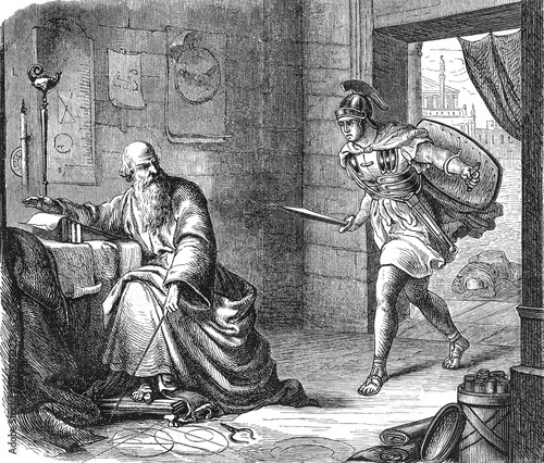 Fotografie Roman legionary bursting into study where Archimedes protects his mathematical s