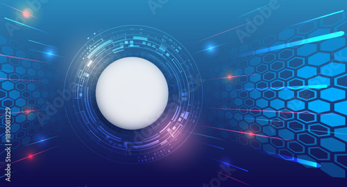 Futuristic technology background with a glowing circular interface, hexagonal grid, and dynamic light streaks, symbolizing digital networks, data processing, and advanced innovation.