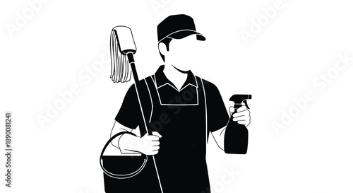 Cleaning person with mop and spray bottle