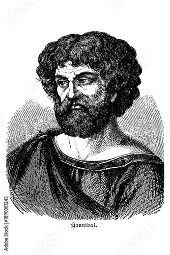 Fotografie Hannibal Barca with beard, curly hair and intense expression in Carthaginian att