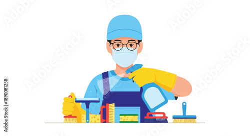 Cleaning worker with tools and protective gear
