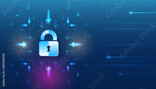 Cyber security concept with a glowing digital lock and directional arrows, symbolizing protected data flow, access control, encryption, and secure information systems.