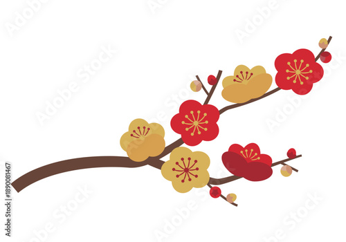 赤と金の梅の花枝