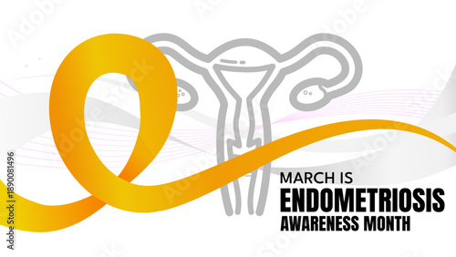 Endometriosis awareness month banner with yellow ribbon and uterus line art on white background, vector illustration