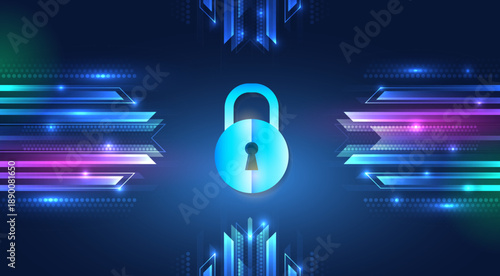 Futuristic cybersecurity concept with a glowing padlock at the center, symbolizing data protection, privacy, encryption, and secure digital networks in a high-tech environment.