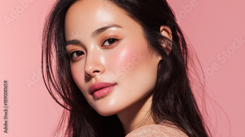 Young Asian woman with clear skin, soft makeup and long hair on pink background with her calm toward the camera.