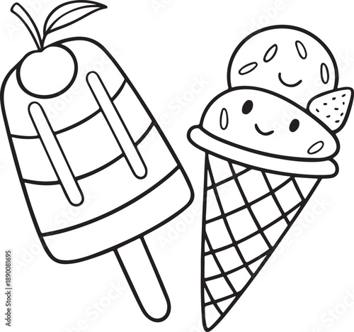 A delicious chocolate and vanilla ice cream cone vector illustration featuring a sweet frozen summer dessert icon in a cartoon clipart design style with a crunchy wafer snack