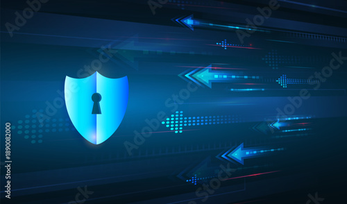 Cybersecurity concept background with glowing shield and keyhole, data arrows and digital interface on dark blue, symbolizing protection, privacy, network security and safe information flow.