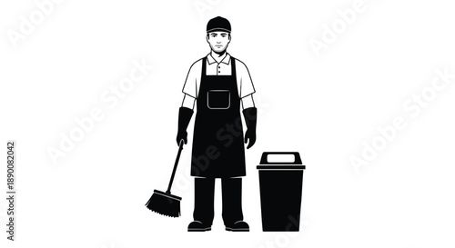 Janitor with broom and trash can