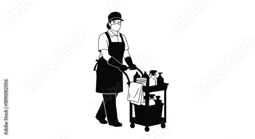 Cleaning lady with cart and protective gear
