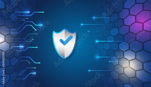 Cybersecurity and data protection concept with shield and check mark, digital circuits and hexagonal network on blue background, symbolizing secure systems, trust, privacy and modern technology.