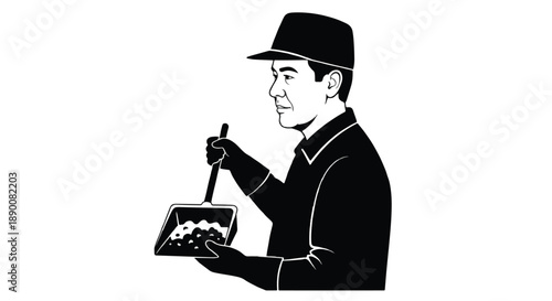 Man panning for gold, side view, black and white