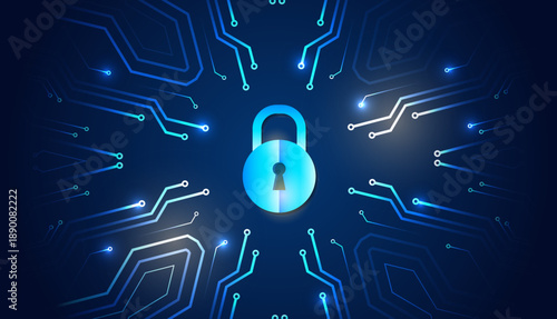 Cybersecurity concept with glowing padlock and digital circuit lines on dark blue background, symbolizing data protection, encryption, privacy, secure access and modern network security.
