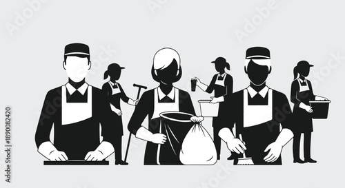 Cleaning crew team working together in monochrome style