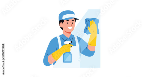 Cleaning man wiping window with transparent background