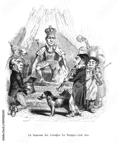 Obraz na plátně A crowned one-eyed man enthroned among exaggerated blind characters with musical