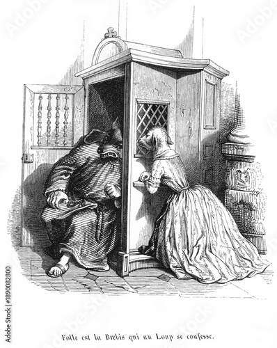 Photos A wolf dressed as priest hearing confession of a sheep in church confessional booth, old vintage illustration, 1845