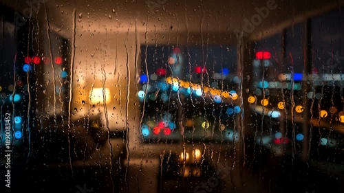 Nighttime Cityscape View from Dark Room Interior.