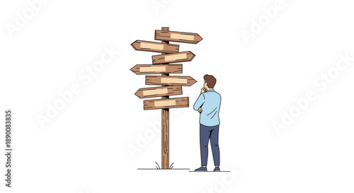 A man stands thoughtfully in front of a wooden signpost with multiple arrows pointing in different directions, symbolizing choice, decision-making, and finding one's p...